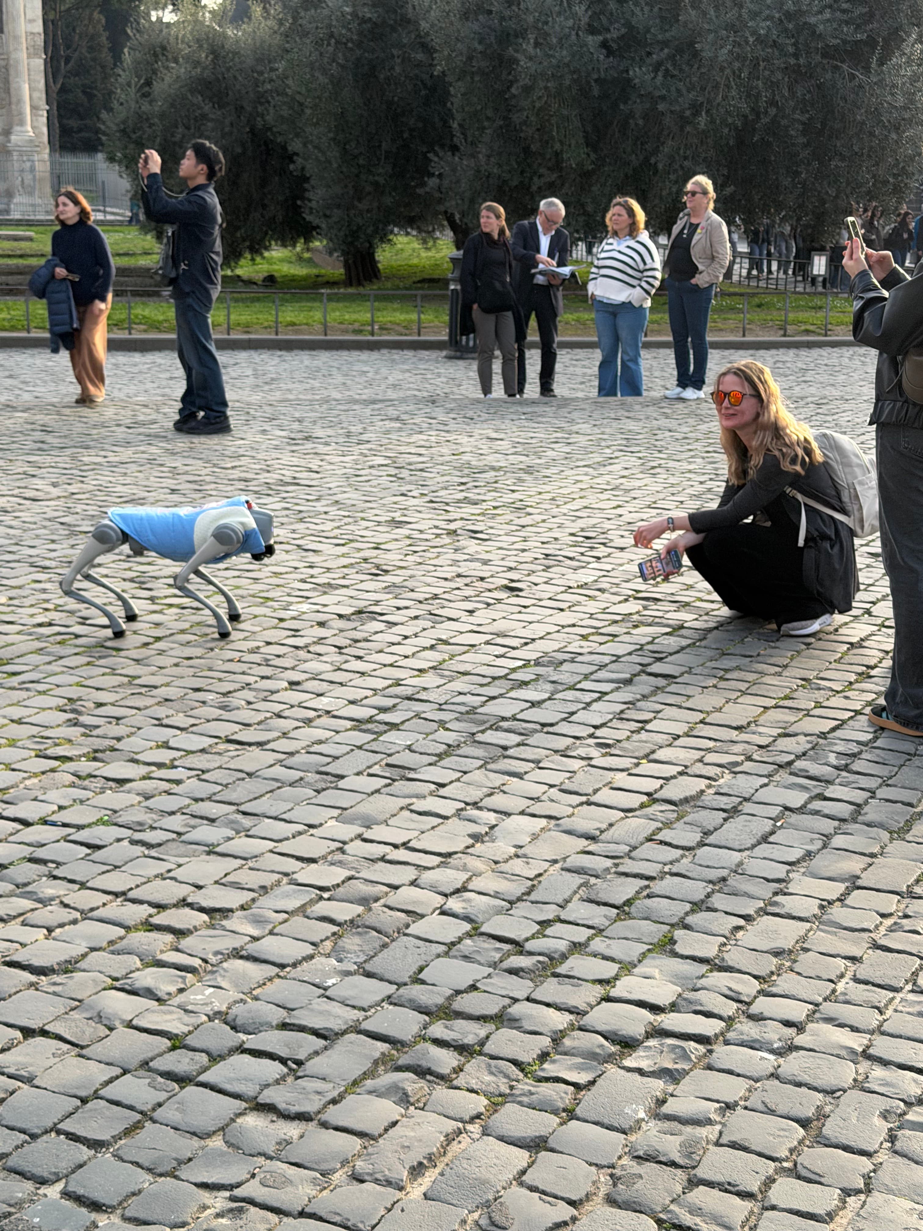 Pubblico che osserva il cane robot a Roma